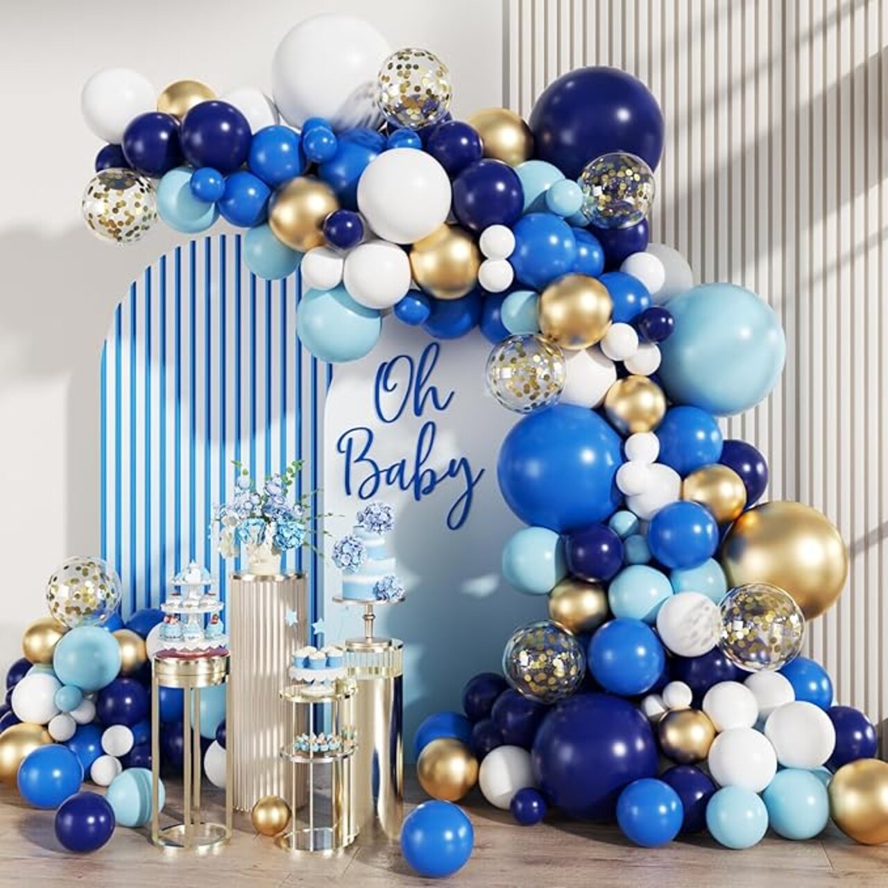 147pcs Navy Blue, White & Gold Balloon Garland Arch Kit - Royal & Pastel Blue Balloons with Gold Confetti - 18" Jumbo Set for 2026 Graduations, Weddings, and Baby Showers